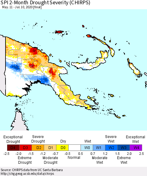 Papua New Guinea SPI 2-Month Drought Severity (CHIRPS) Thematic Map For 5/11/2020 - 7/10/2020