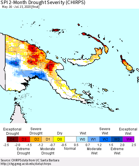 Papua New Guinea SPI 2-Month Drought Severity (CHIRPS) Thematic Map For 5/16/2020 - 7/15/2020