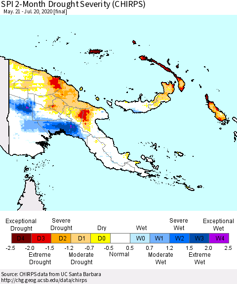 Papua New Guinea SPI 2-Month Drought Severity (CHIRPS) Thematic Map For 5/21/2020 - 7/20/2020