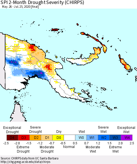 Papua New Guinea SPI 2-Month Drought Severity (CHIRPS) Thematic Map For 5/26/2020 - 7/25/2020