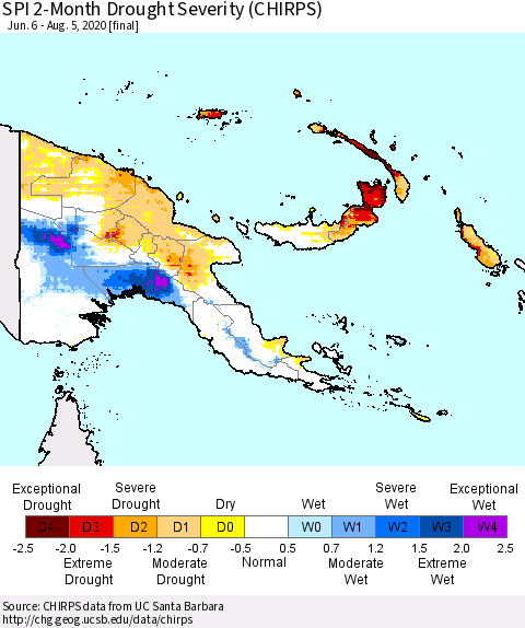 Papua New Guinea SPI 2-Month Drought Severity (CHIRPS) Thematic Map For 6/6/2020 - 8/5/2020