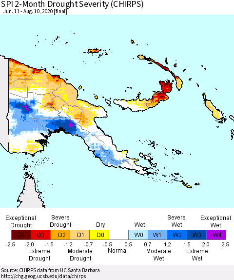 Papua New Guinea SPI 2-Month Drought Severity (CHIRPS) Thematic Map For 6/11/2020 - 8/10/2020