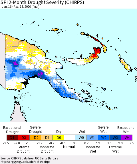 Papua New Guinea SPI 2-Month Drought Severity (CHIRPS) Thematic Map For 6/16/2020 - 8/15/2020