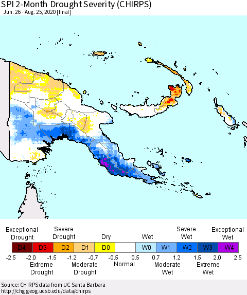 Papua New Guinea SPI 2-Month Drought Severity (CHIRPS) Thematic Map For 6/26/2020 - 8/25/2020