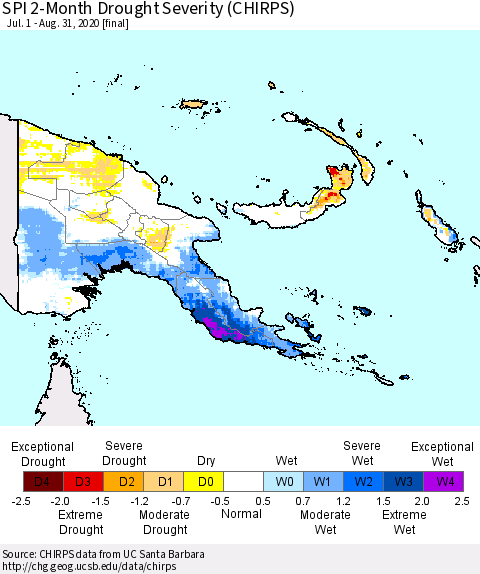 Papua New Guinea SPI 2-Month Drought Severity (CHIRPS) Thematic Map For 7/1/2020 - 8/31/2020