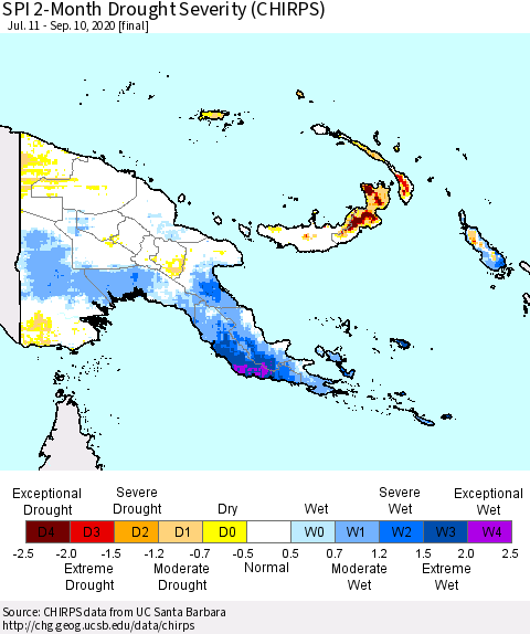 Papua New Guinea SPI 2-Month Drought Severity (CHIRPS) Thematic Map For 7/11/2020 - 9/10/2020