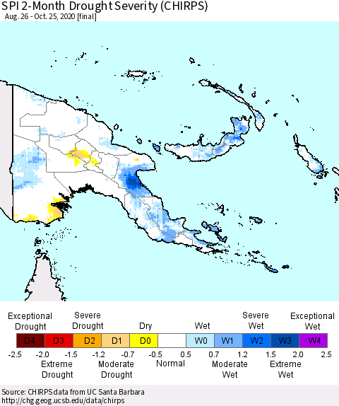 Papua New Guinea SPI 2-Month Drought Severity (CHIRPS) Thematic Map For 8/26/2020 - 10/25/2020