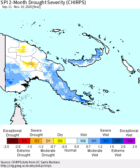 Papua New Guinea SPI 2-Month Drought Severity (CHIRPS) Thematic Map For 9/11/2020 - 11/10/2020