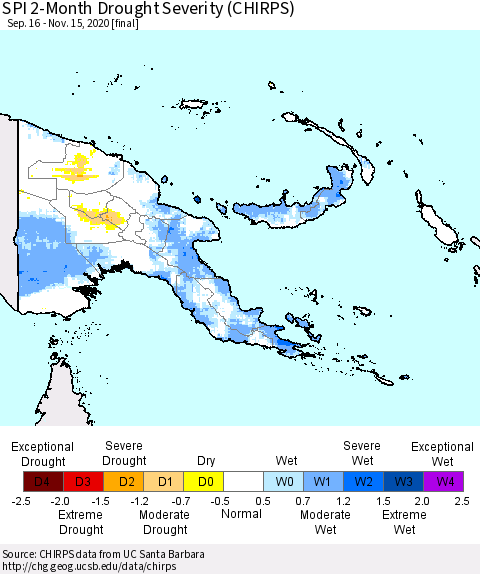 Papua New Guinea SPI 2-Month Drought Severity (CHIRPS) Thematic Map For 9/16/2020 - 11/15/2020