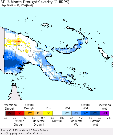 Papua New Guinea SPI 2-Month Drought Severity (CHIRPS) Thematic Map For 9/26/2020 - 11/25/2020