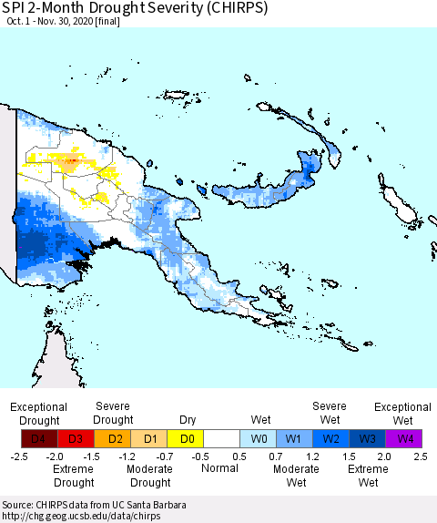 Papua New Guinea SPI 2-Month Drought Severity (CHIRPS) Thematic Map For 10/1/2020 - 11/30/2020