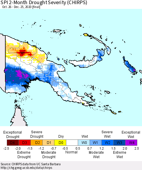 Papua New Guinea SPI 2-Month Drought Severity (CHIRPS) Thematic Map For 10/26/2020 - 12/25/2020