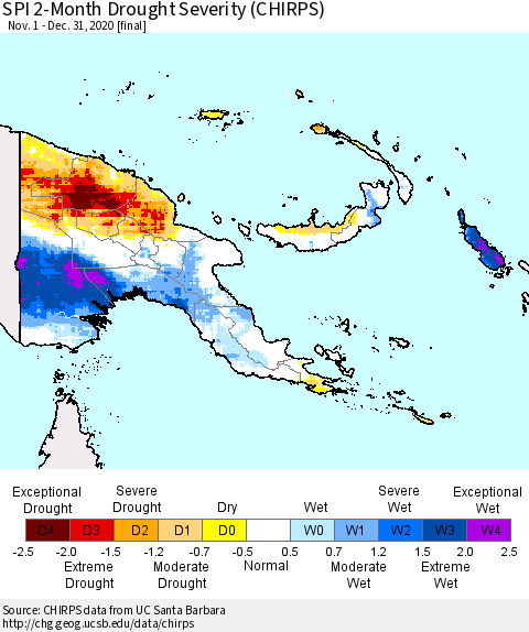 Papua New Guinea SPI 2-Month Drought Severity (CHIRPS) Thematic Map For 11/1/2020 - 12/31/2020