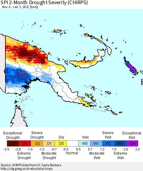 Papua New Guinea SPI 2-Month Drought Severity (CHIRPS) Thematic Map For 11/6/2020 - 1/5/2021