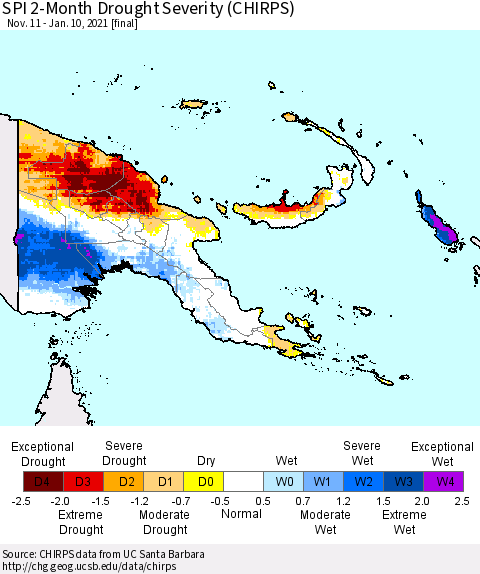 Papua New Guinea SPI 2-Month Drought Severity (CHIRPS) Thematic Map For 11/11/2020 - 1/10/2021