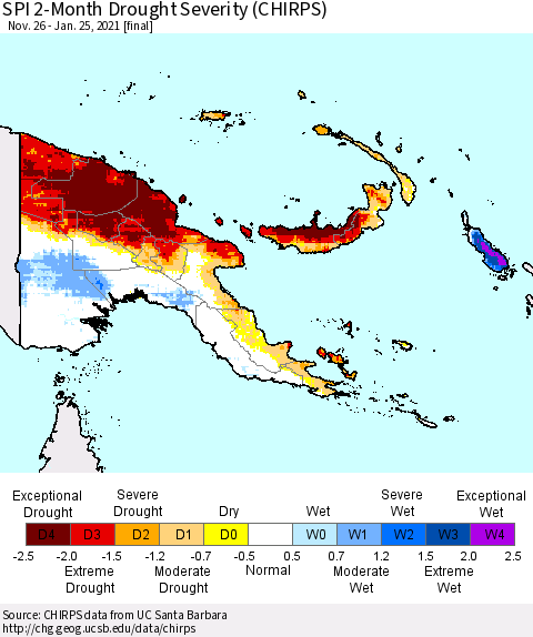 Papua New Guinea SPI 2-Month Drought Severity (CHIRPS) Thematic Map For 11/26/2020 - 1/25/2021