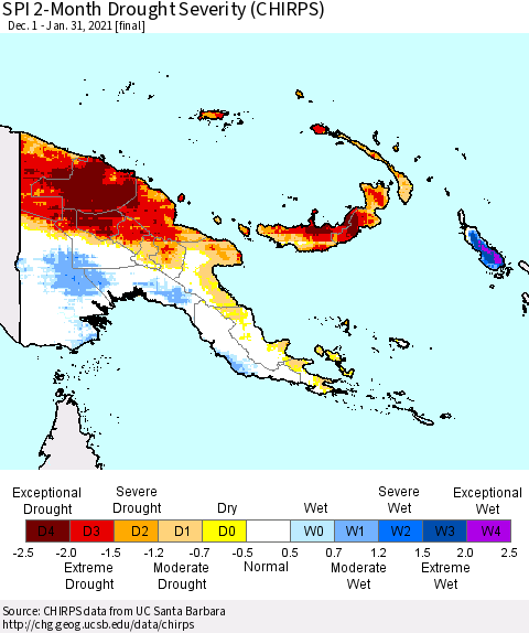 Papua New Guinea SPI 2-Month Drought Severity (CHIRPS) Thematic Map For 12/1/2020 - 1/31/2021