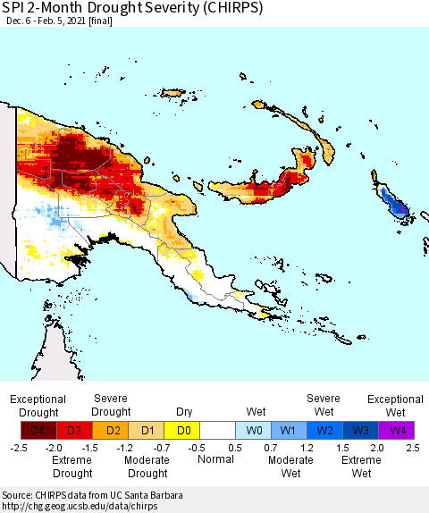 Papua New Guinea SPI 2-Month Drought Severity (CHIRPS) Thematic Map For 12/6/2020 - 2/5/2021
