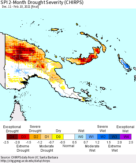 Papua New Guinea SPI 2-Month Drought Severity (CHIRPS) Thematic Map For 12/11/2020 - 2/10/2021