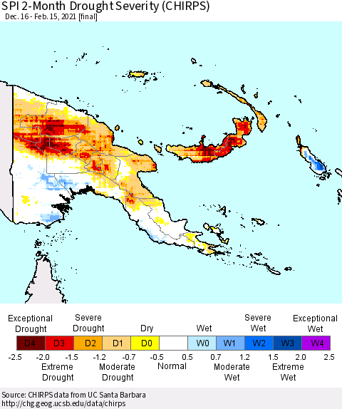 Papua New Guinea SPI 2-Month Drought Severity (CHIRPS) Thematic Map For 12/16/2020 - 2/15/2021