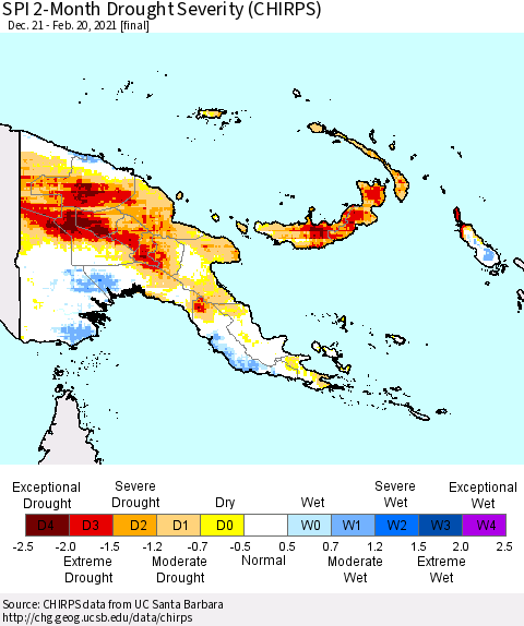 Papua New Guinea SPI 2-Month Drought Severity (CHIRPS) Thematic Map For 12/21/2020 - 2/20/2021