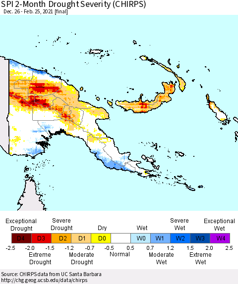 Papua New Guinea SPI 2-Month Drought Severity (CHIRPS) Thematic Map For 12/26/2020 - 2/25/2021