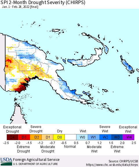 Papua New Guinea SPI 2-Month Drought Severity (CHIRPS) Thematic Map For 1/1/2022 - 2/28/2022
