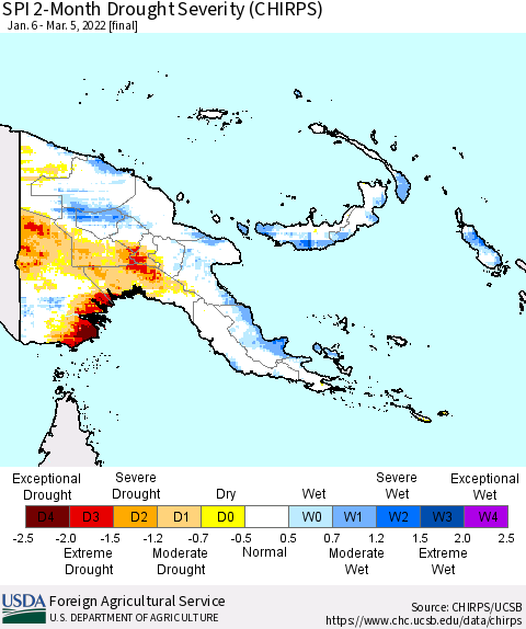 Papua New Guinea SPI 2-Month Drought Severity (CHIRPS) Thematic Map For 1/6/2022 - 3/5/2022