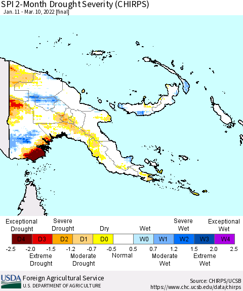 Papua New Guinea SPI 2-Month Drought Severity (CHIRPS) Thematic Map For 1/11/2022 - 3/10/2022