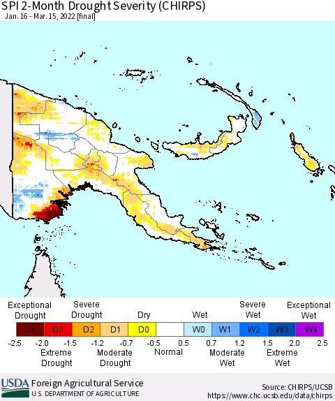 Papua New Guinea SPI 2-Month Drought Severity (CHIRPS) Thematic Map For 1/16/2022 - 3/15/2022