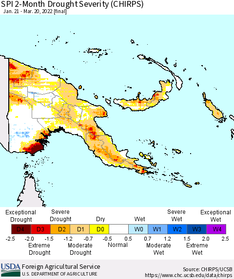 Papua New Guinea SPI 2-Month Drought Severity (CHIRPS) Thematic Map For 1/21/2022 - 3/20/2022