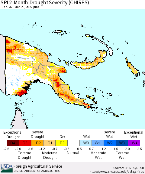 Papua New Guinea SPI 2-Month Drought Severity (CHIRPS) Thematic Map For 1/26/2022 - 3/25/2022