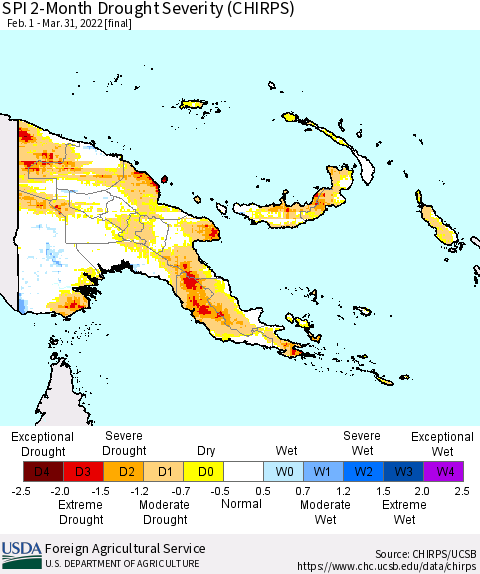 Papua New Guinea SPI 2-Month Drought Severity (CHIRPS) Thematic Map For 2/1/2022 - 3/31/2022
