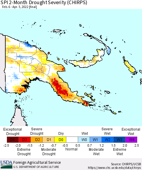 Papua New Guinea SPI 2-Month Drought Severity (CHIRPS) Thematic Map For 2/6/2022 - 4/5/2022