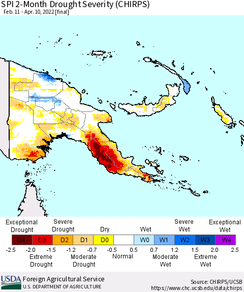 Papua New Guinea SPI 2-Month Drought Severity (CHIRPS) Thematic Map For 2/11/2022 - 4/10/2022