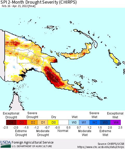 Papua New Guinea SPI 2-Month Drought Severity (CHIRPS) Thematic Map For 2/16/2022 - 4/15/2022