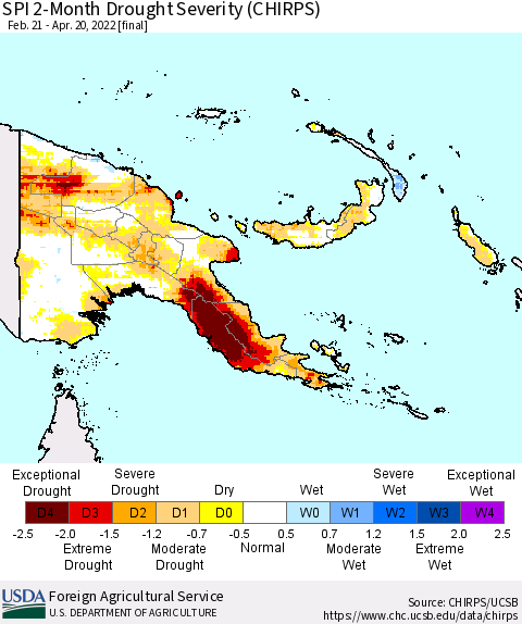 Papua New Guinea SPI 2-Month Drought Severity (CHIRPS) Thematic Map For 2/21/2022 - 4/20/2022