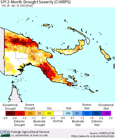 Papua New Guinea SPI 2-Month Drought Severity (CHIRPS) Thematic Map For 2/26/2022 - 4/25/2022