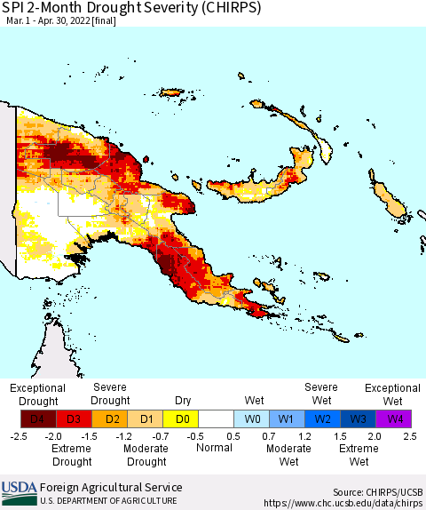 Papua New Guinea SPI 2-Month Drought Severity (CHIRPS) Thematic Map For 3/1/2022 - 4/30/2022