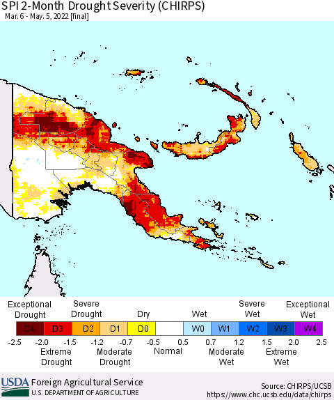 Papua New Guinea SPI 2-Month Drought Severity (CHIRPS) Thematic Map For 3/6/2022 - 5/5/2022
