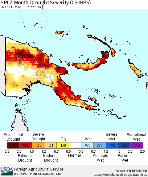 Papua New Guinea SPI 2-Month Drought Severity (CHIRPS) Thematic Map For 3/11/2022 - 5/10/2022