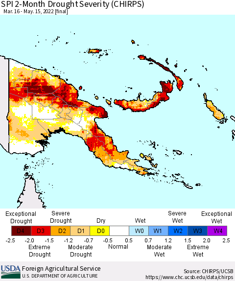 Papua New Guinea SPI 2-Month Drought Severity (CHIRPS) Thematic Map For 3/16/2022 - 5/15/2022