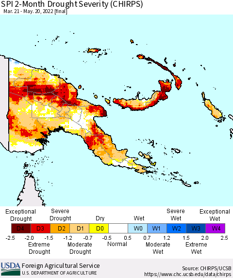 Papua New Guinea SPI 2-Month Drought Severity (CHIRPS) Thematic Map For 3/21/2022 - 5/20/2022