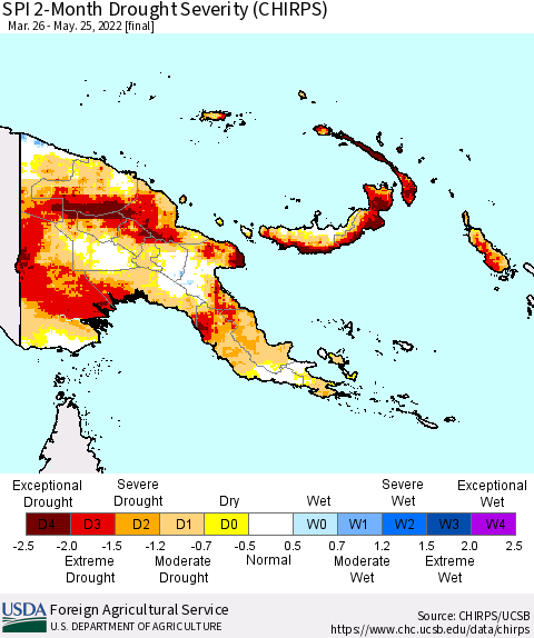 Papua New Guinea SPI 2-Month Drought Severity (CHIRPS) Thematic Map For 3/26/2022 - 5/25/2022