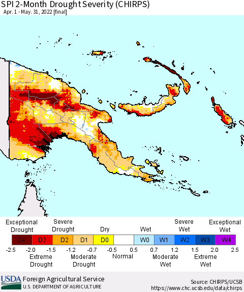 Papua New Guinea SPI 2-Month Drought Severity (CHIRPS) Thematic Map For 4/1/2022 - 5/31/2022