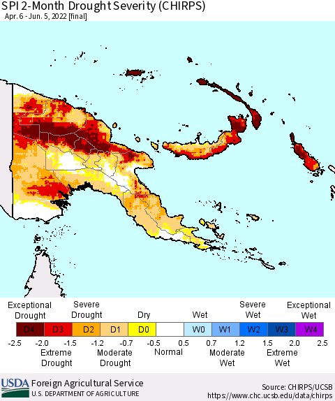 Papua New Guinea SPI 2-Month Drought Severity (CHIRPS) Thematic Map For 4/6/2022 - 6/5/2022