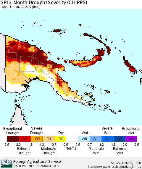 Papua New Guinea SPI 2-Month Drought Severity (CHIRPS) Thematic Map For 4/11/2022 - 6/10/2022