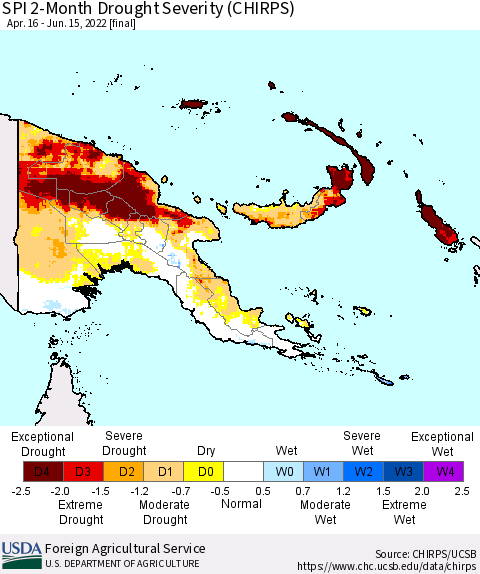 Papua New Guinea SPI 2-Month Drought Severity (CHIRPS) Thematic Map For 4/16/2022 - 6/15/2022