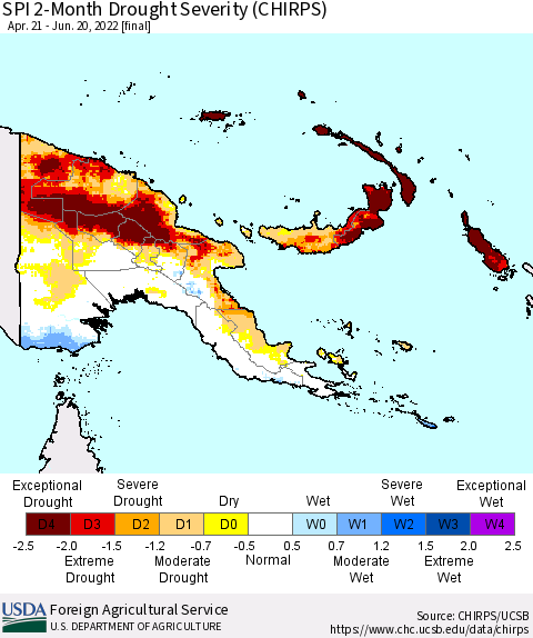Papua New Guinea SPI 2-Month Drought Severity (CHIRPS) Thematic Map For 4/21/2022 - 6/20/2022