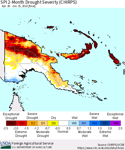 Papua New Guinea SPI 2-Month Drought Severity (CHIRPS) Thematic Map For 4/26/2022 - 6/25/2022